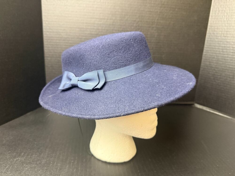 Lancaster Womens Hat 100% Wool Blue Bow Made in USA Classic Vintage